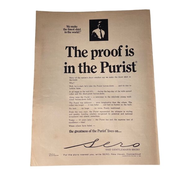 Vintage 1968 Magazine Ad Sero Gentlemans Shirt Proof is in Purist u - Picture 1 of 3